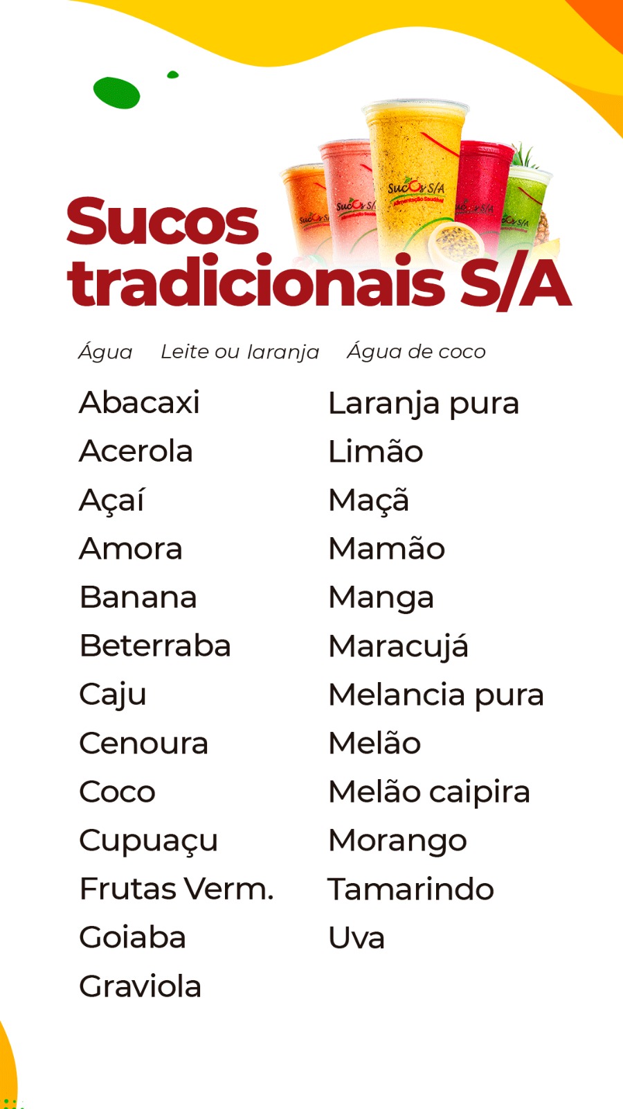 Cardápio Sucos SA Cremosos